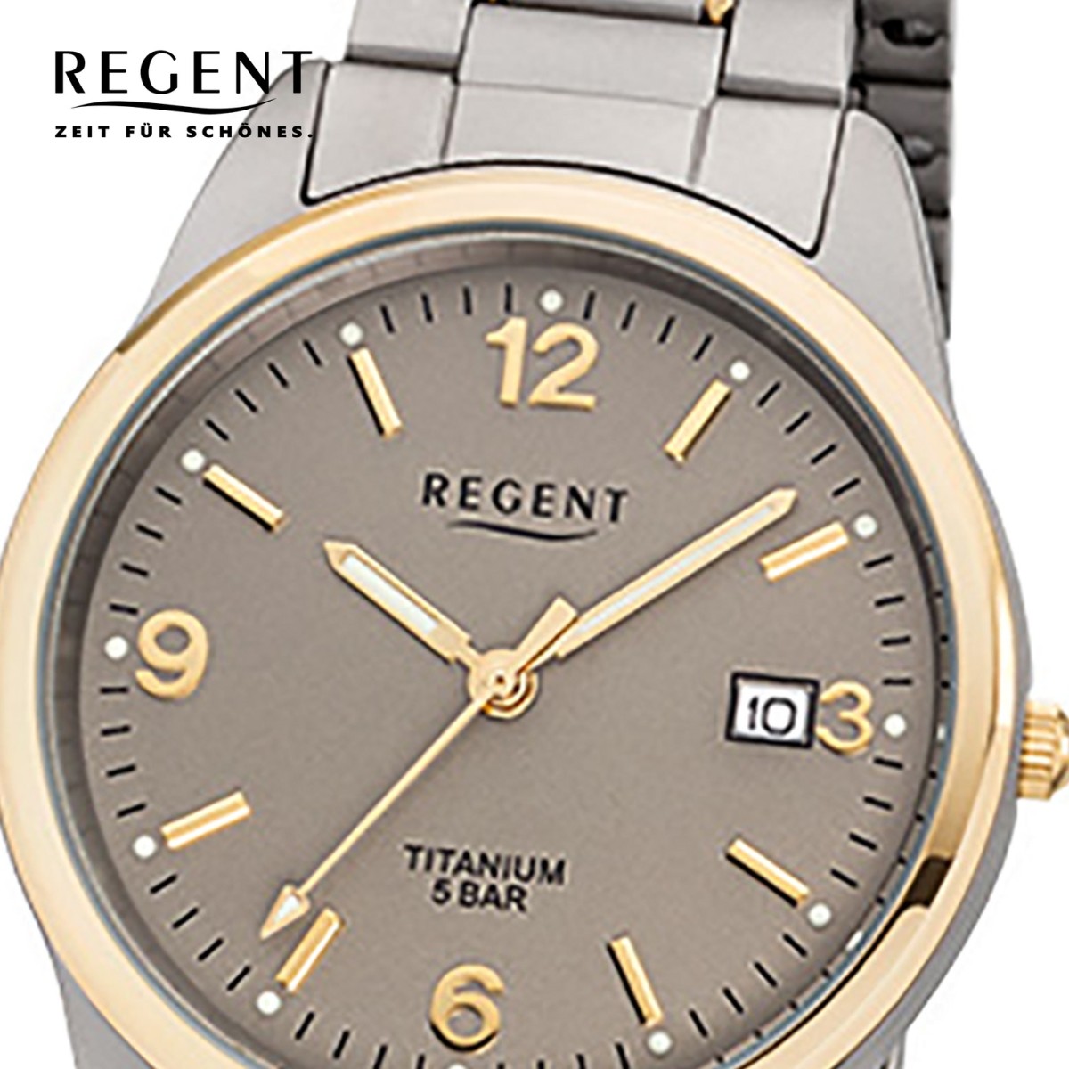 Regent Herren Armbanduhr 32 F 1107 Quarz Uhr Titan Armband silber grau gold URF1 URF1107