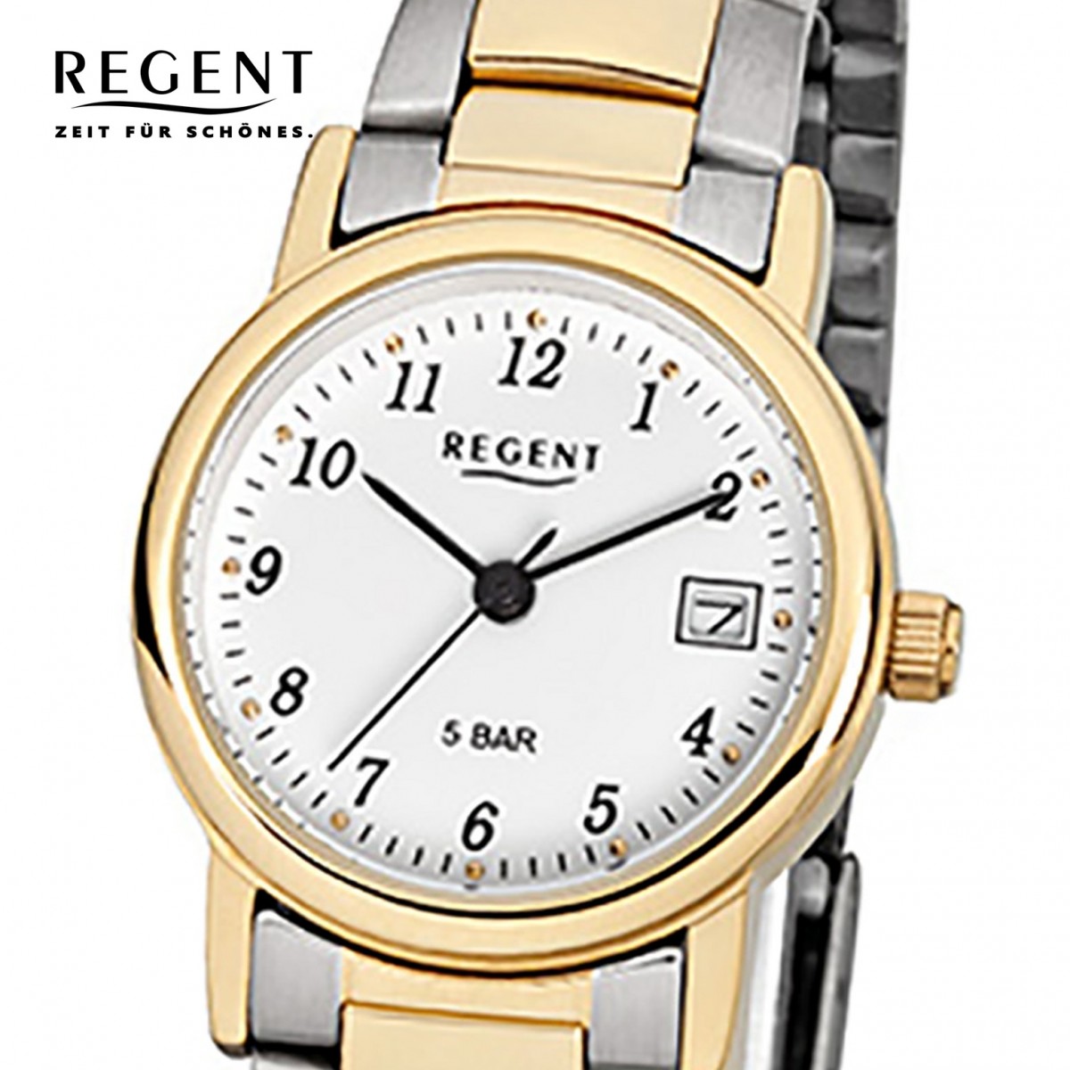 Quarz-Uhr gold Stahl-Armband Regent F-593 URF593 silber Damen-Armbanduhr