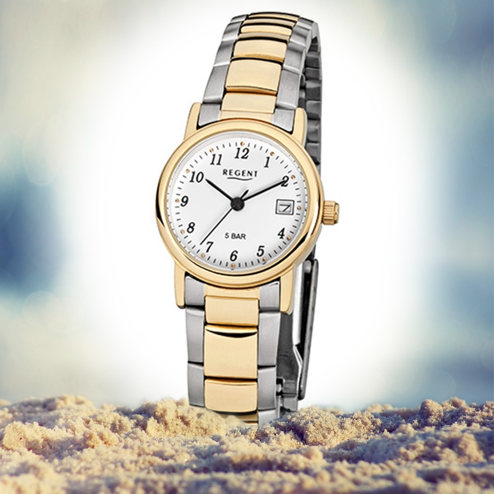 Regent URF593 gold Damen-Armbanduhr silber F-593 Stahl-Armband Quarz-Uhr