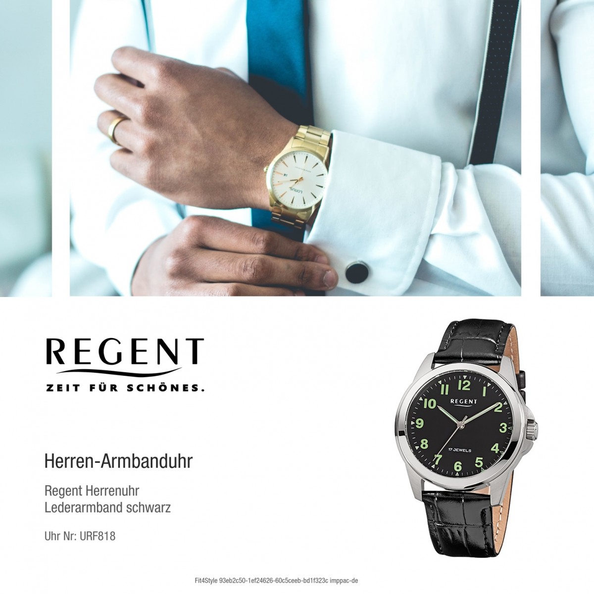 Regent Herren-Armbanduhr F-1392 Handaufzug Leder-Armband schwarz URF818