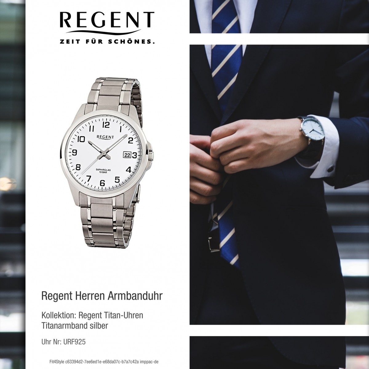 Regent Herren-Armbanduhr F-925 Quarz-Uhr silber Titan-Armband URF925