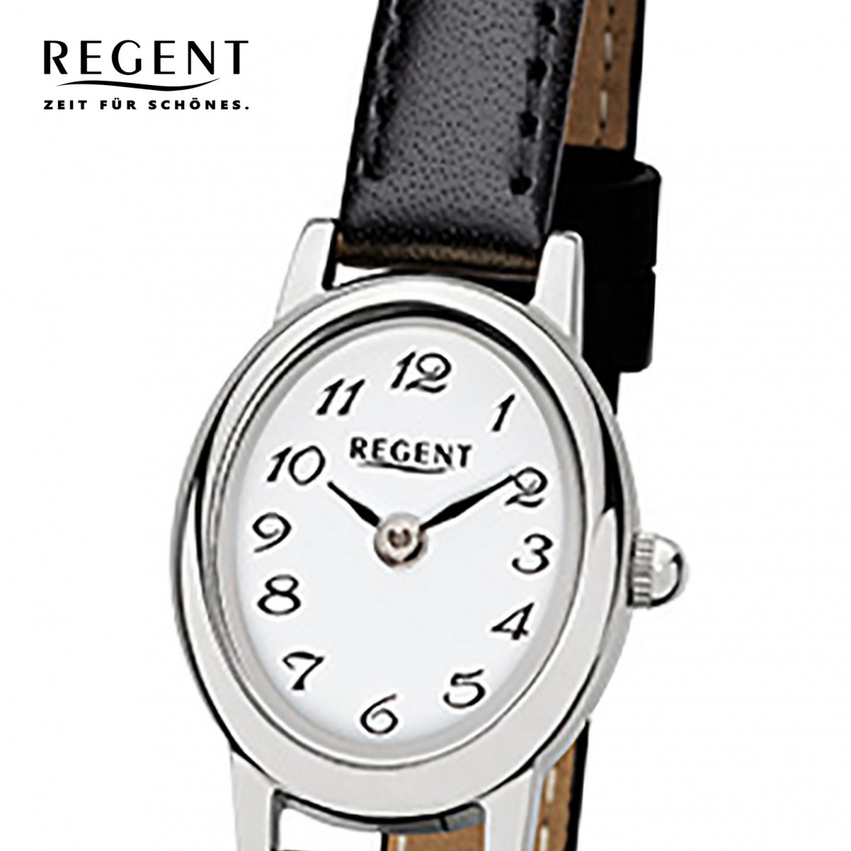 Regent URF976 Mini F-976 schwarz Leder-Armband Quarz-Uhr Damen-Armbanduhr