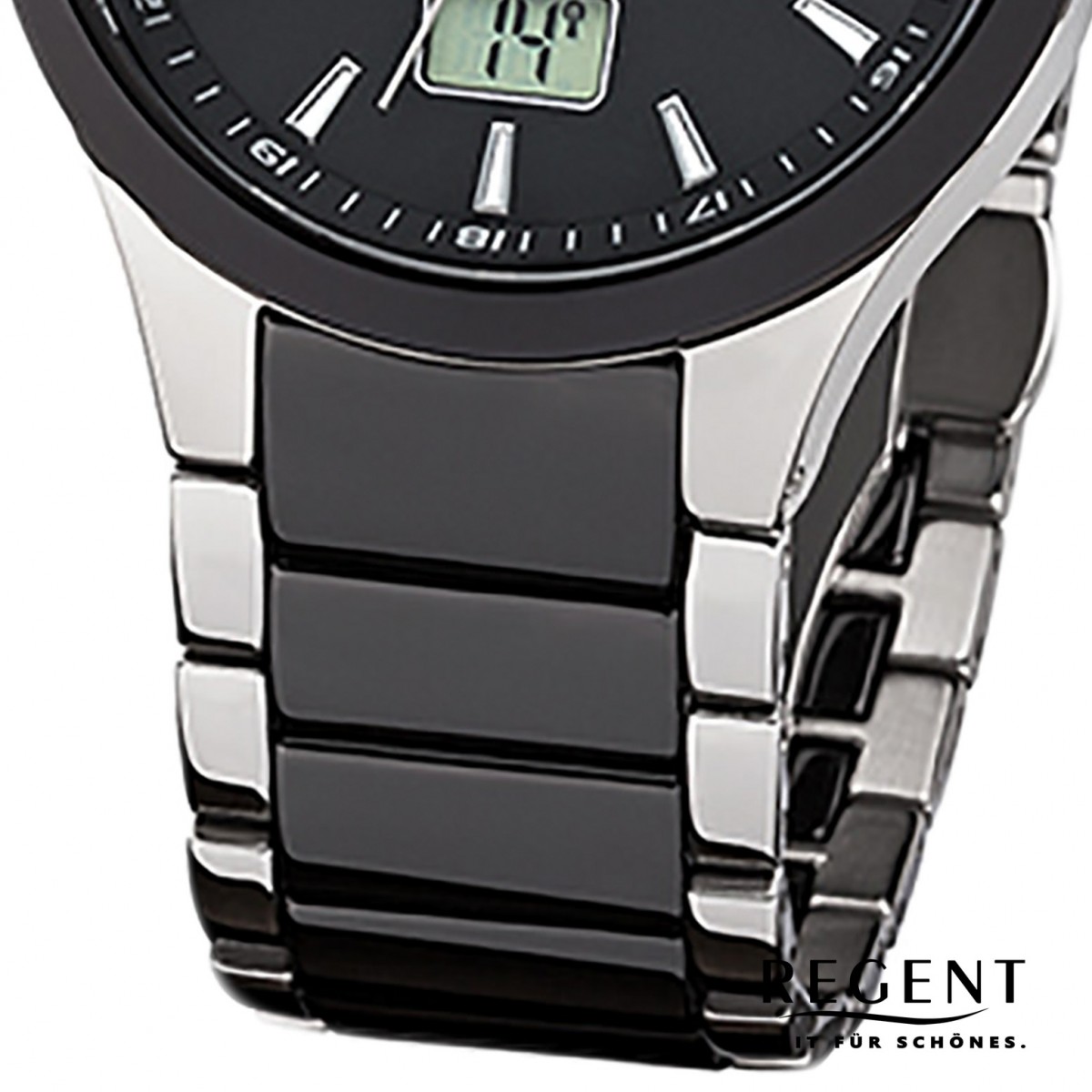 schwarz Regent URFR237 Stahl-Keramik-Armband Herren-Uhr Funkuhr FR-237 silber