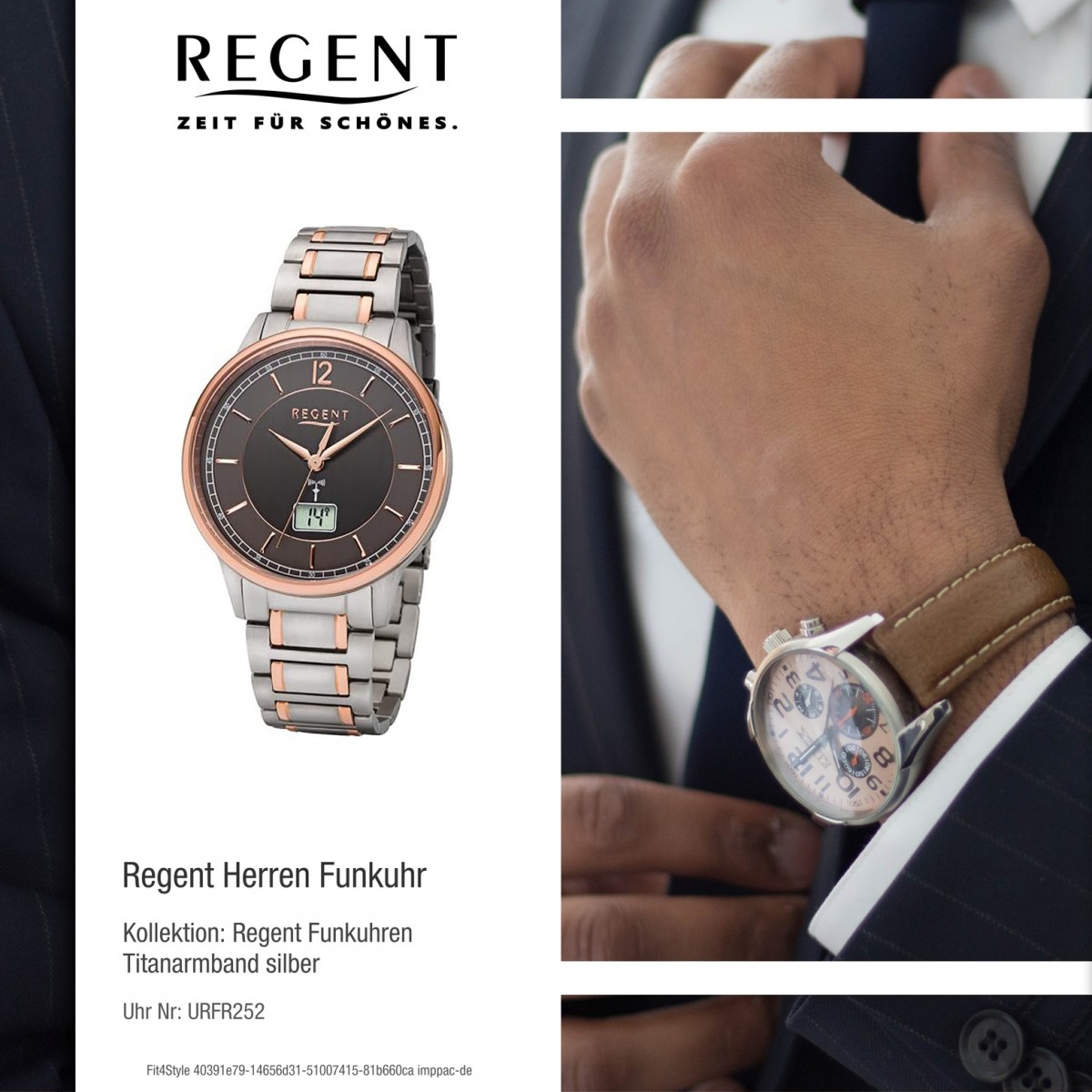 Analog Armbanduhr Digital Regent silber Titan URFR252 rosegold FR-252 Funk-Uhr