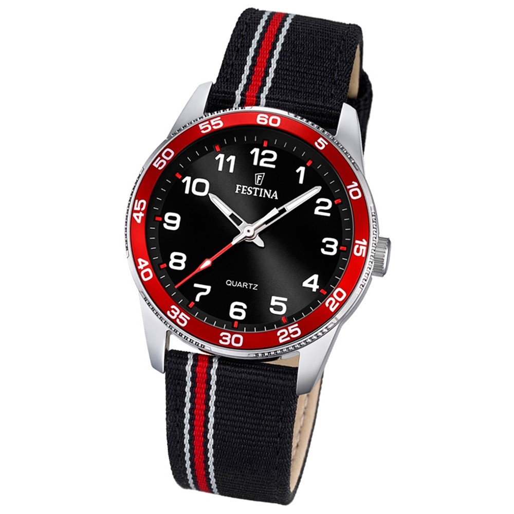 Festina Kinder Jugend-Uhr Junior analog Quarz Leder Textil rot-schwarz UF16906/3