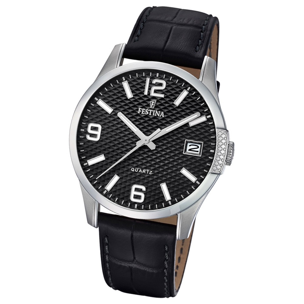 Festina Herren Armband-Uhr klassisch F16982/2 Quarz Leder schwarz UF16982/2