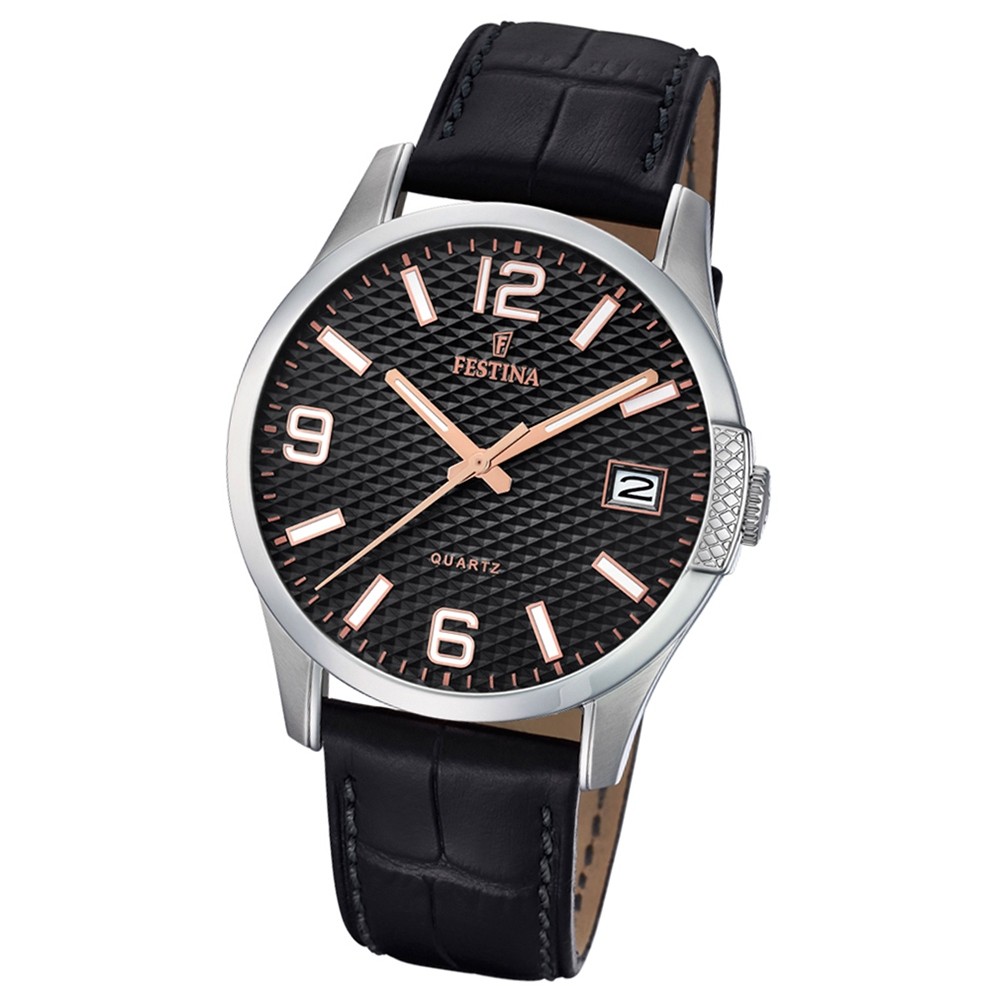 Festina Herren Armband-Uhr klassisch F16982/3 Quarz Leder schwarz UF16982/3