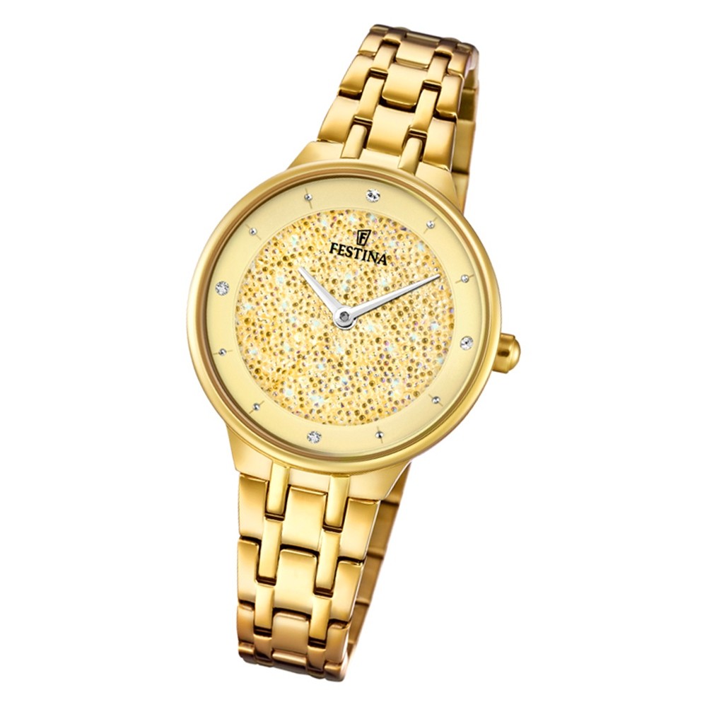 Festina Damen Armbanduhr Zirkonias F20383/2 Edelstahl gold UF20383/2