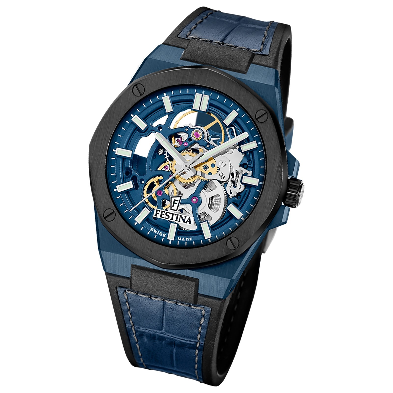 Festina Herrenuhr Automatik Armbanduhr Leder blau UF22011/1