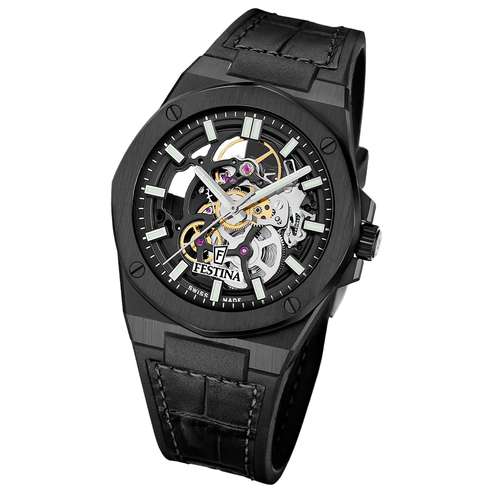 Festina Herrenuhr Automatik Armbanduhr Leder schwarz UF22015/1