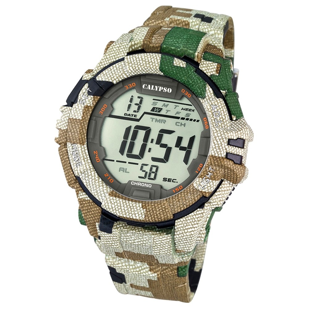 CALYPSO Herren-Armbanduhr Sport Funktinsuhr Quarz-Uhr camouflage grün UK5681/3
