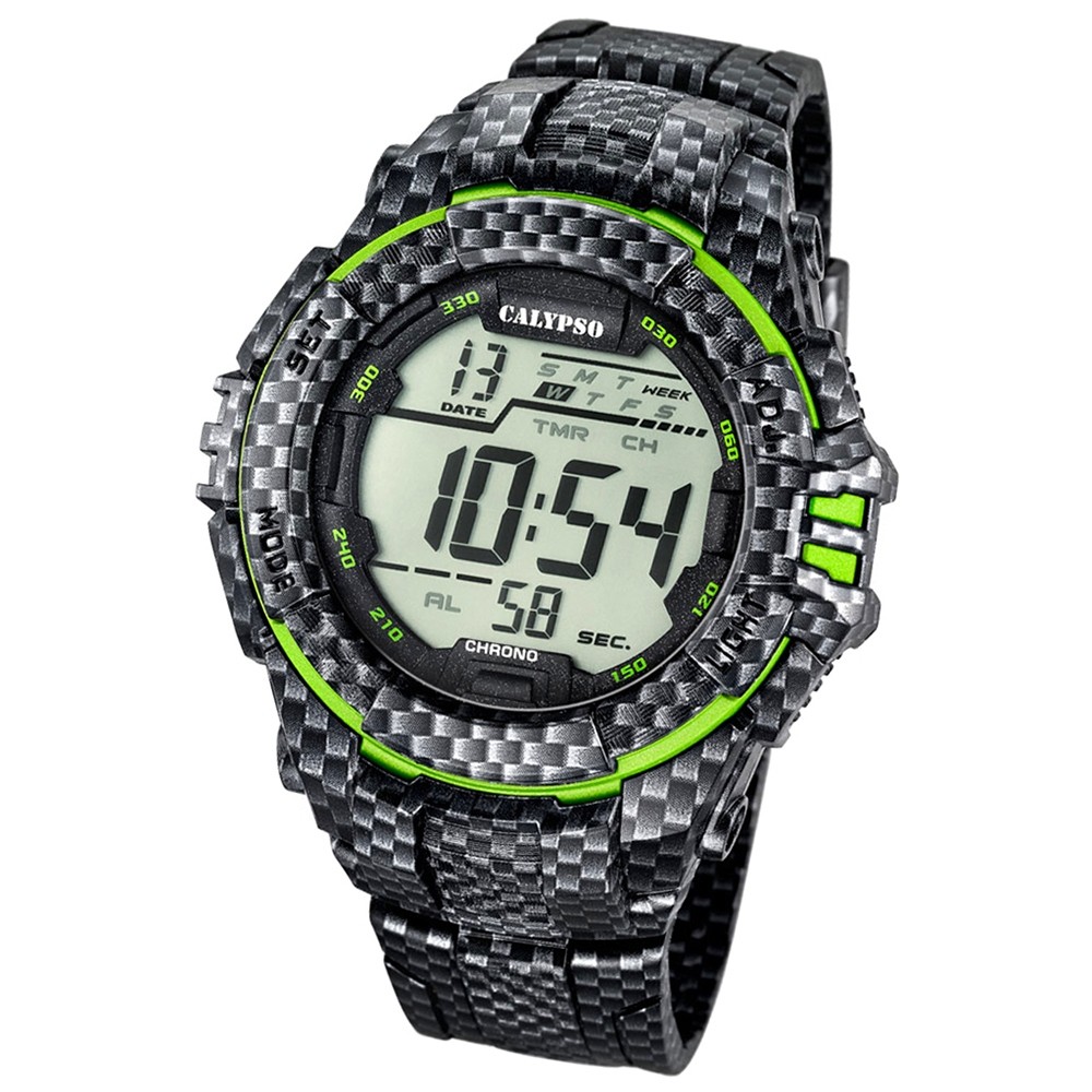 CALYPSO Herren-Armbanduhr Sport Funktinsuhr Quarz-Uhr PU carbon grün UK5681/6