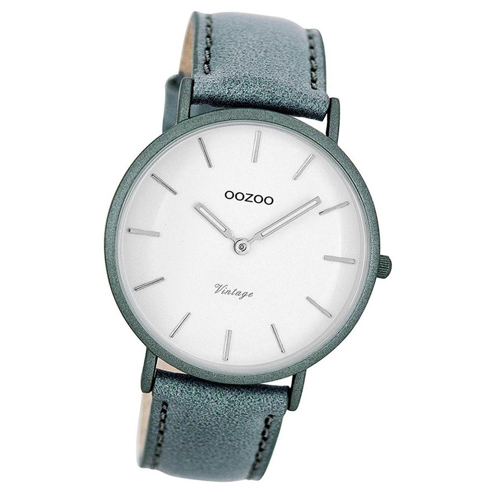 Oozoo Damen-Uhr Ultra Slim Quarzuhr Leder-Armband aquagrau blaugrau UOC7739