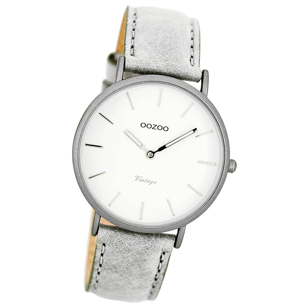 Oozoo Damen-Uhr Ultra Slim Quarzuhr Leder-Armband grau UOC7745