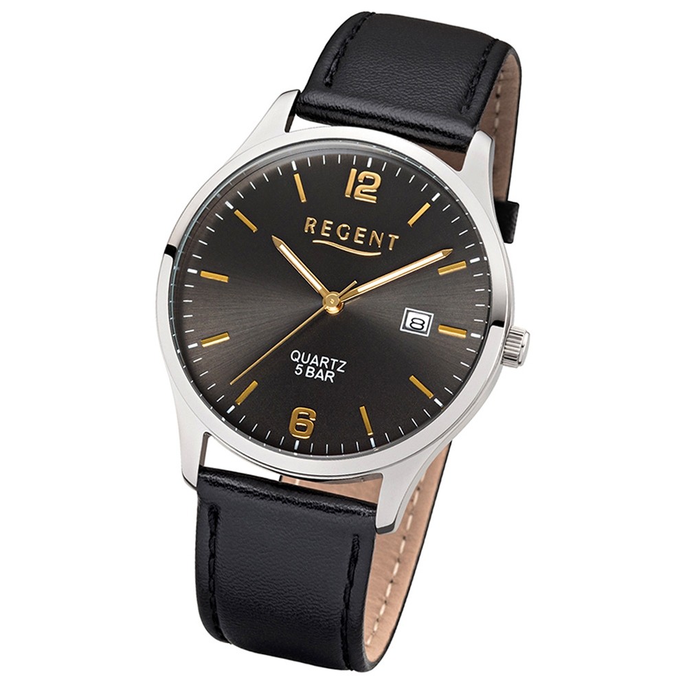 Regent Herren-Armbanduhr F-1242 Quarz-Uhr Leder-Armband schwarz UR1113407
