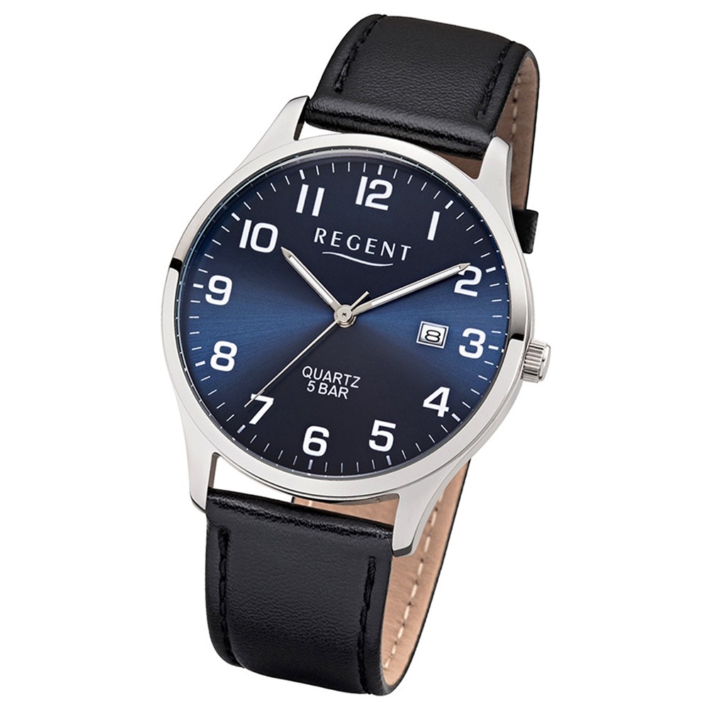 Regent Herren-Armbanduhr F-1240 Quarz-Uhr Leder-Armband schwarz UR1113409
