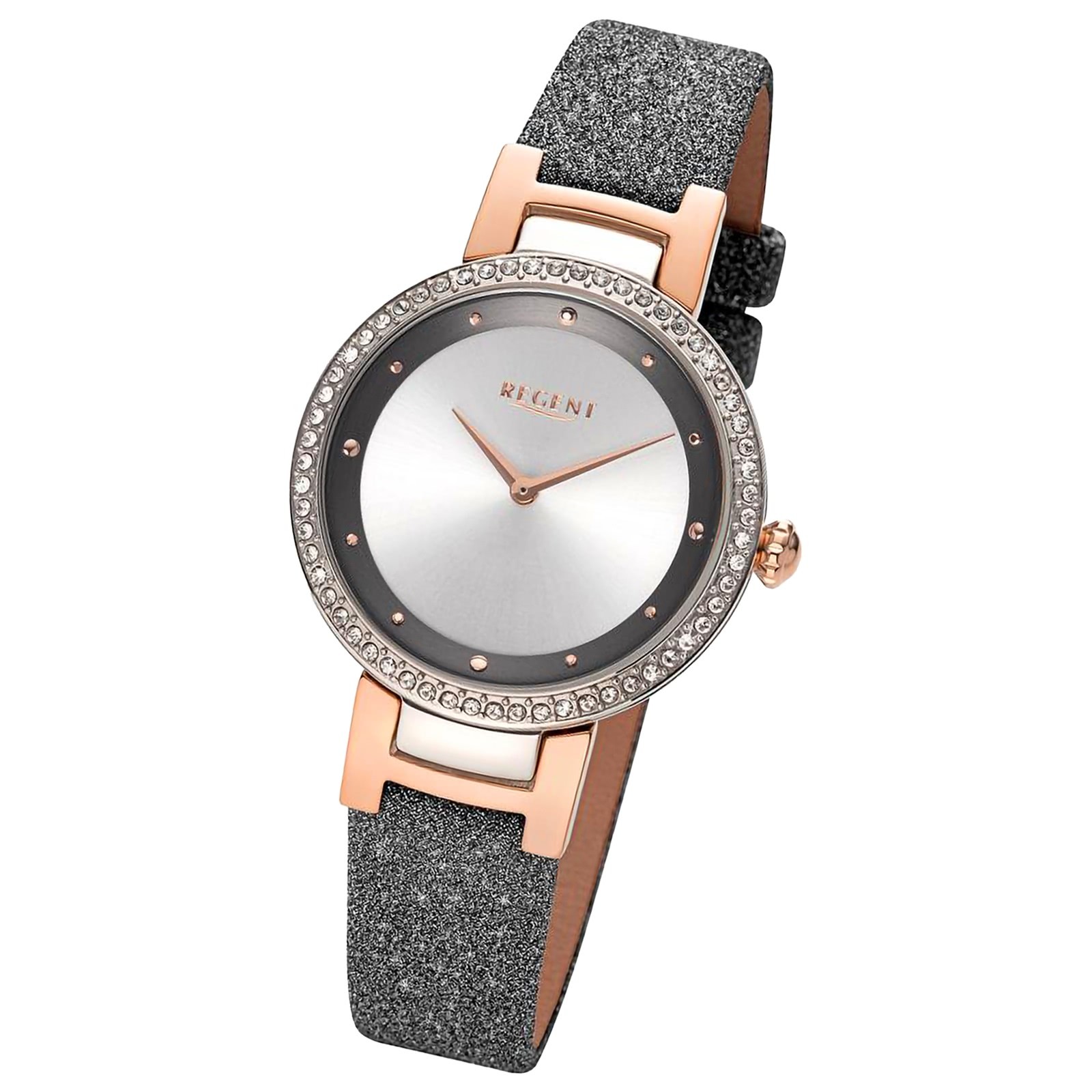 Regent Damen Armbanduhr Analog Lederarmband schwarz rosegold URBA801
