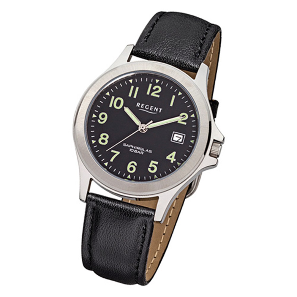 Regent Herren-Armbanduhr F-071 Quarz-Uhr Leder-Armband schwarz URF071