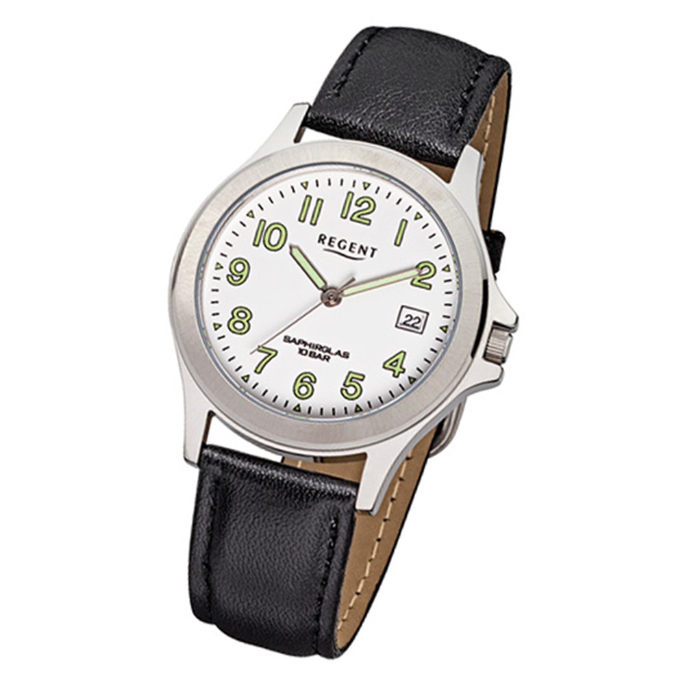 Regent Herren-Armbanduhr F-072 Quarz-Uhr Leder-Armband schwarz URF072