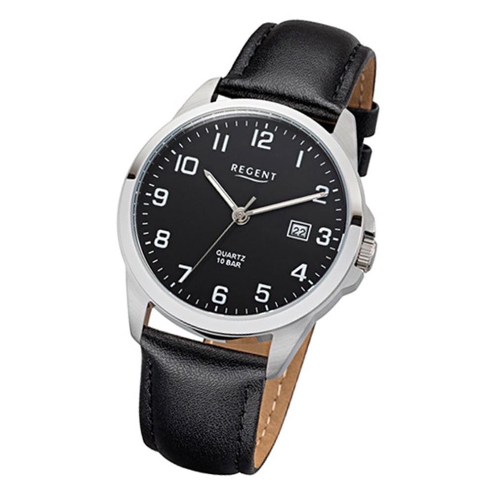 Regent Herren-Armbanduhr 32-F-1008 Quarz-Uhr Leder-Armband schwarz URF1008