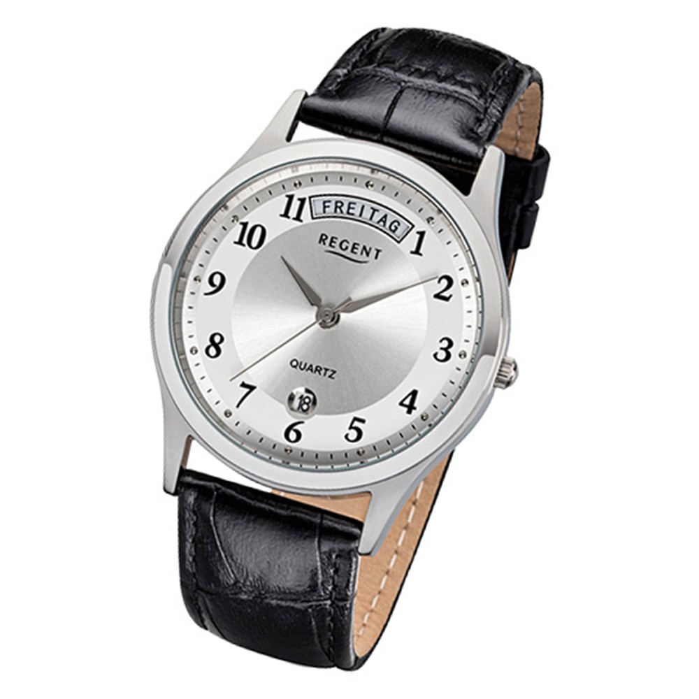 Regent Herren-Armbanduhr 32-F-1039 Quarz-Uhr Leder-Armband schwarz URF1039