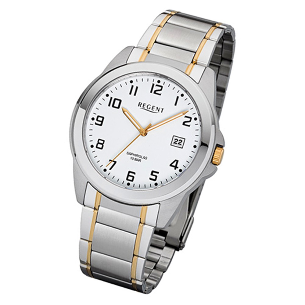 Regent Herren-Armbanduhr 32-F-1041 Quarz-Uhr Edelstahl-Armband silber gold URF10 URF1041