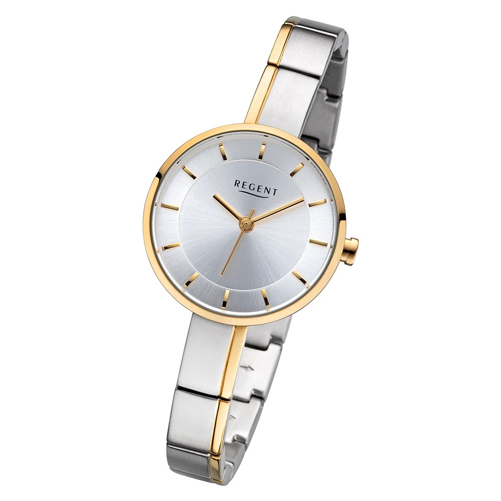 Regent Damen Armbanduhr Analog F-1152 Quarz-Uhr Metall silber gold URF1152