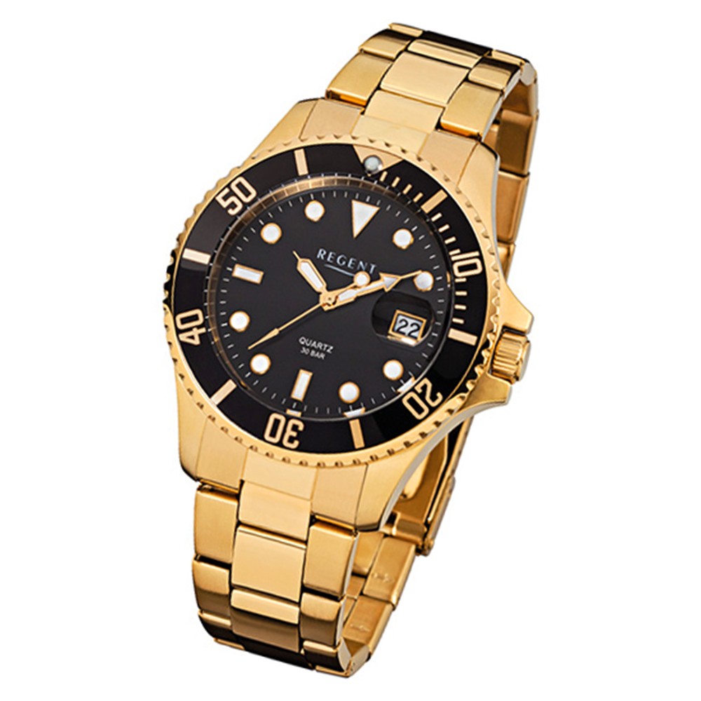 Regent Herren-Armbanduhr F-370 Quarz-Uhr Stahl-Armband gold URF370
