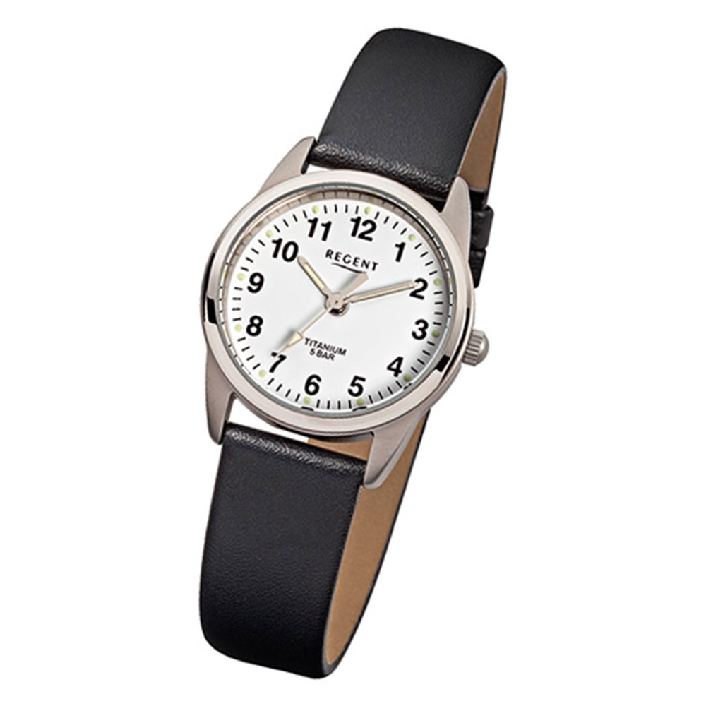 Regent Damen-Armbanduhr Titan Quarz-Uhr klassisch Leder schwarz weiß URF441