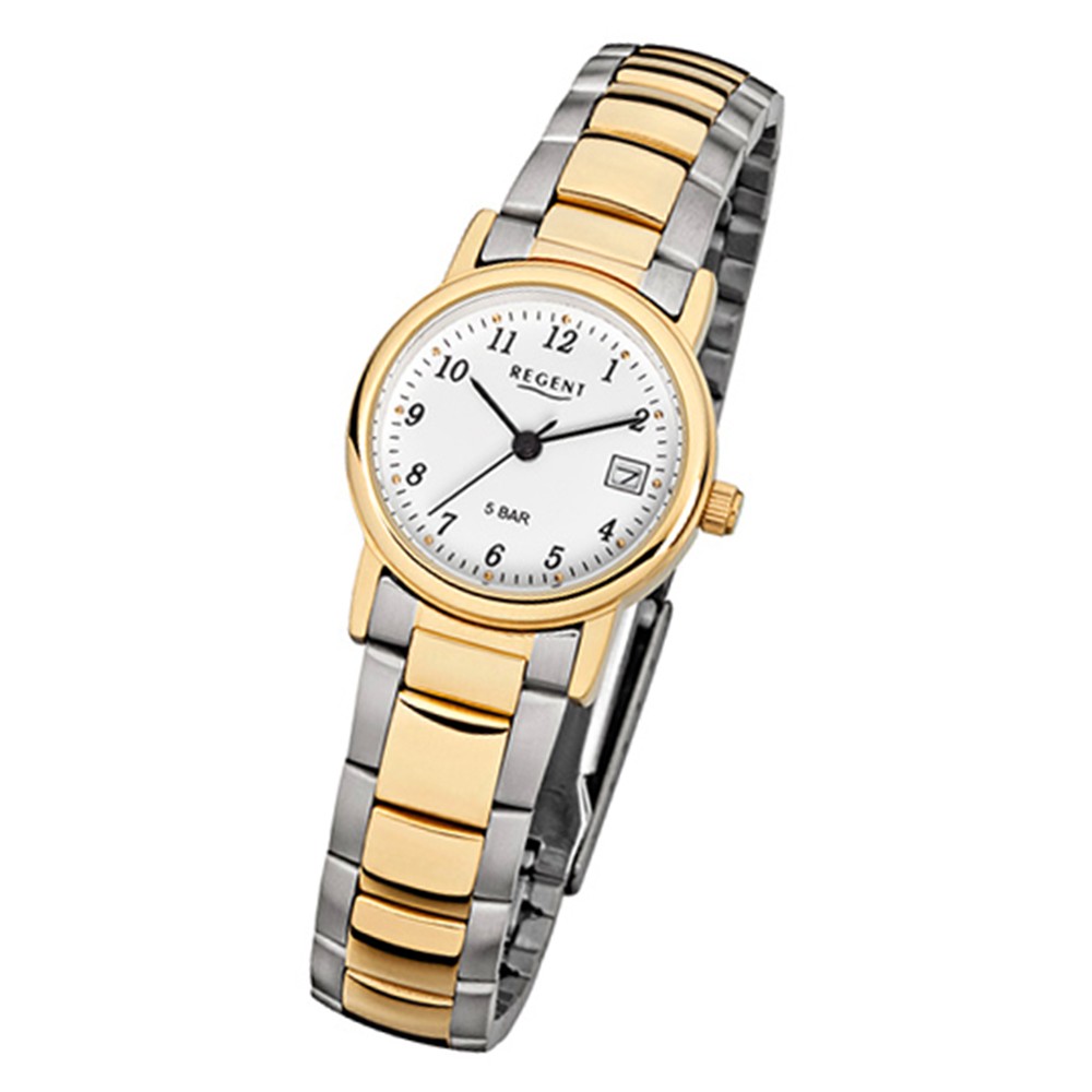 gold Stahl-Armband silber Quarz-Uhr Regent Damen-Armbanduhr URF593 F-593