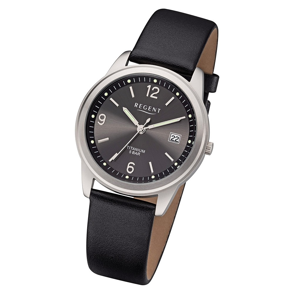 Regent Herren Armbanduhr Analog F-684 Quarz-Uhr Titan schwarz URF684