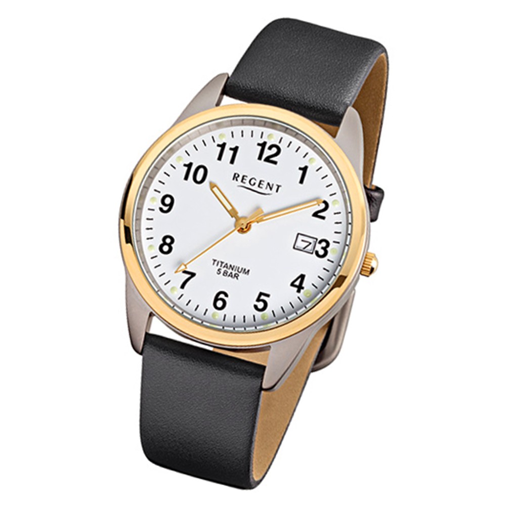 Regent Herren-Armbanduhr F-687 Titan-Uhr Leder-Armband schwarz URF687