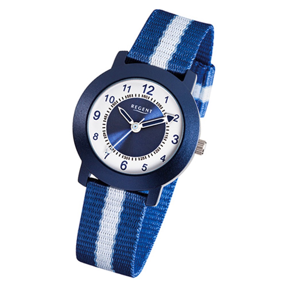 Regent Aluminium Kinder-Armbanduhr Quarz Textil blau, weiß Jungen Uhr URF726