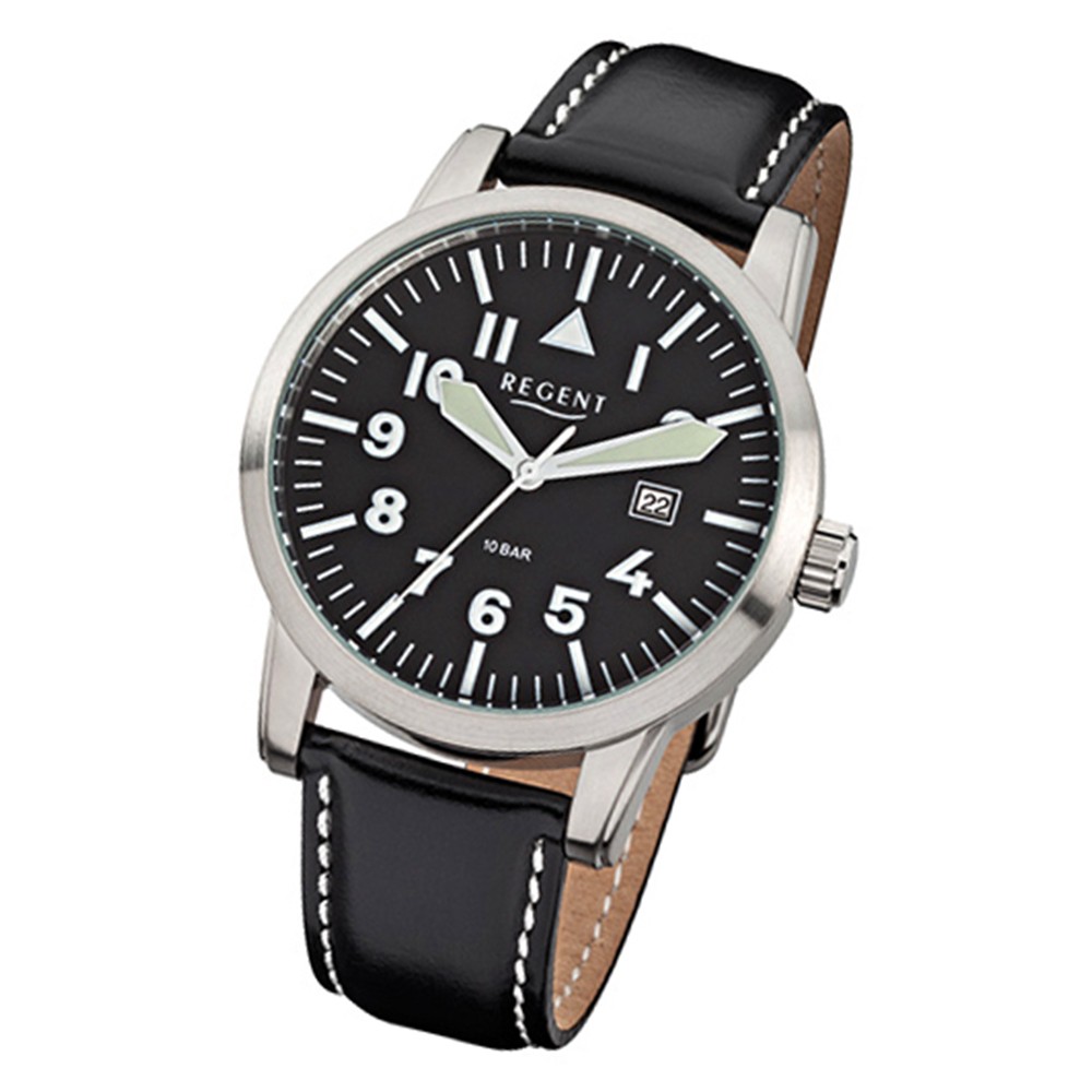 Regent Herren-Armbanduhr F-787 Quarz-Uhr Leder-Armband schwarz URF787