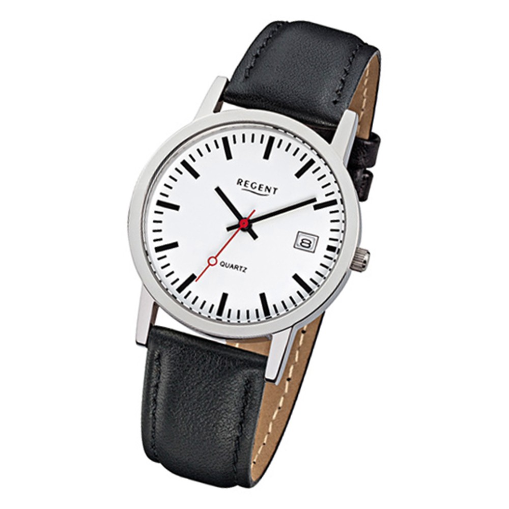 Regent Damen Herren-Armbanduhr Mineralglas Quarz Leder schwarz URF794