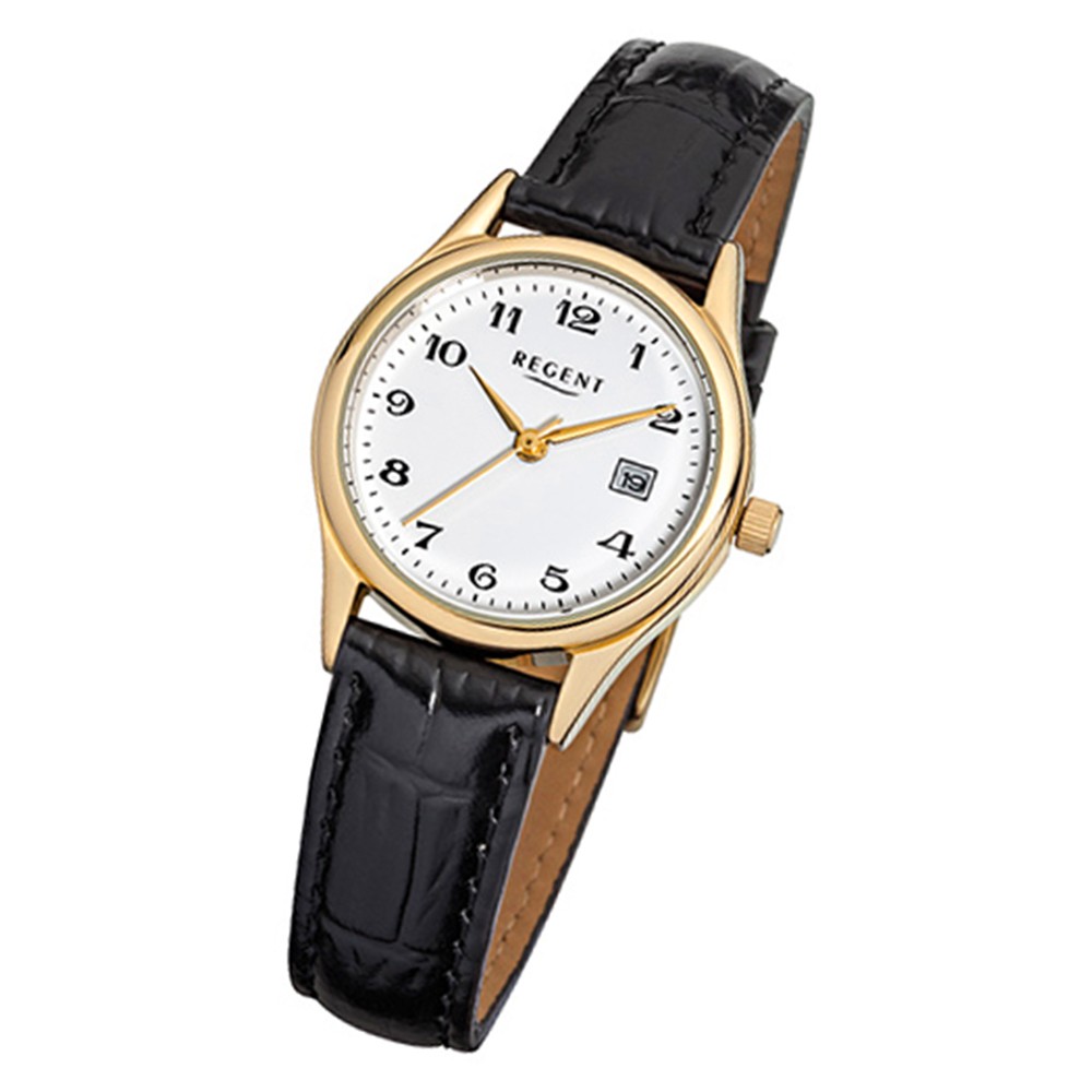Regent Damen-Armbanduhr F-835 Quarz-Uhr Leder-Armband schwarz URF835