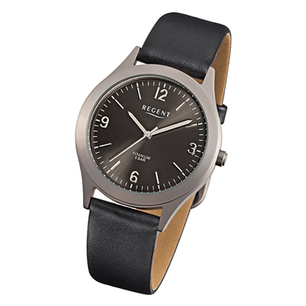 Regent Herren-Armbanduhr F-843 Titan-Uhr Leder-Armband schwarz URF843