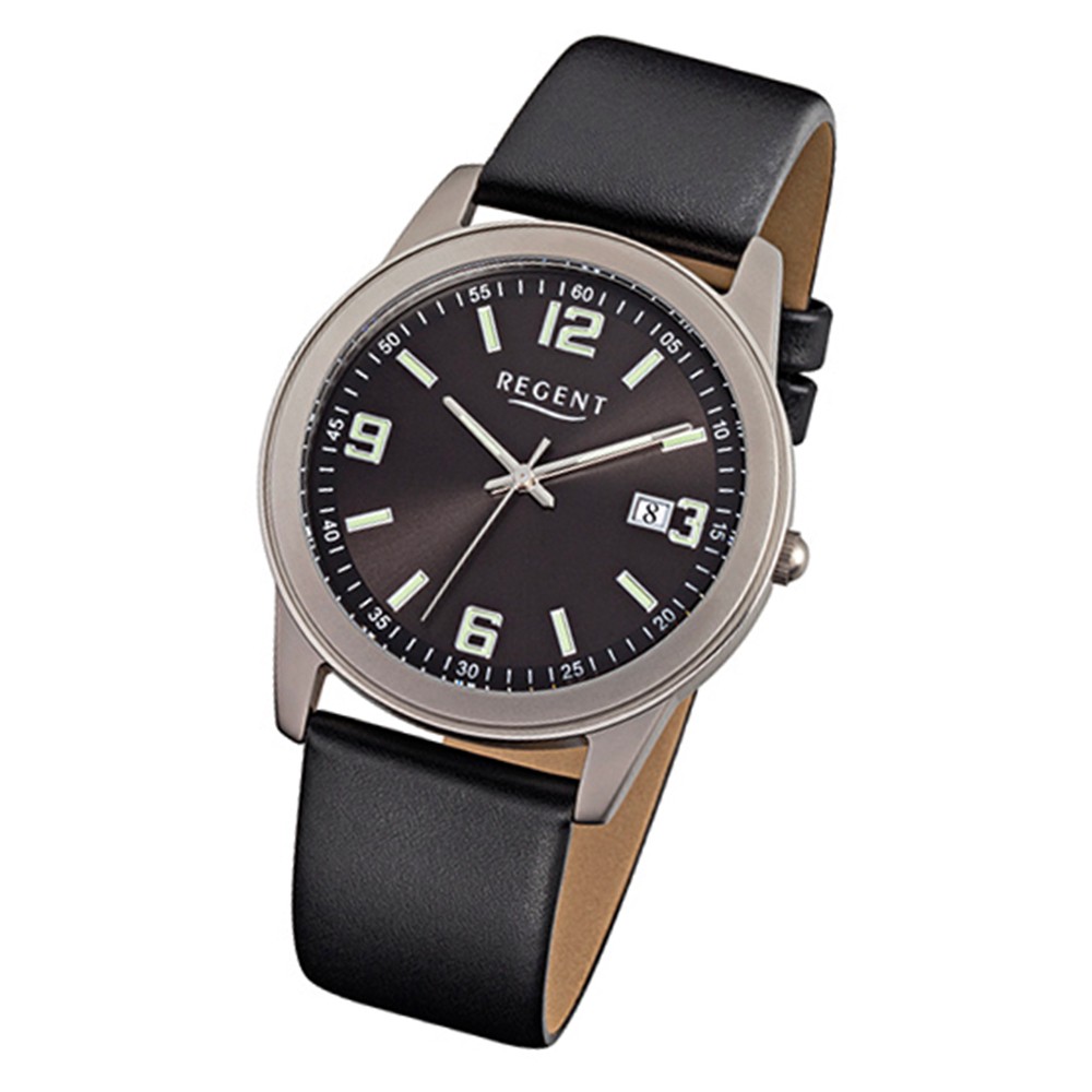 Regent Herren-Armbanduhr - Titan-Uhren - Quarz Leder schwarz URF845