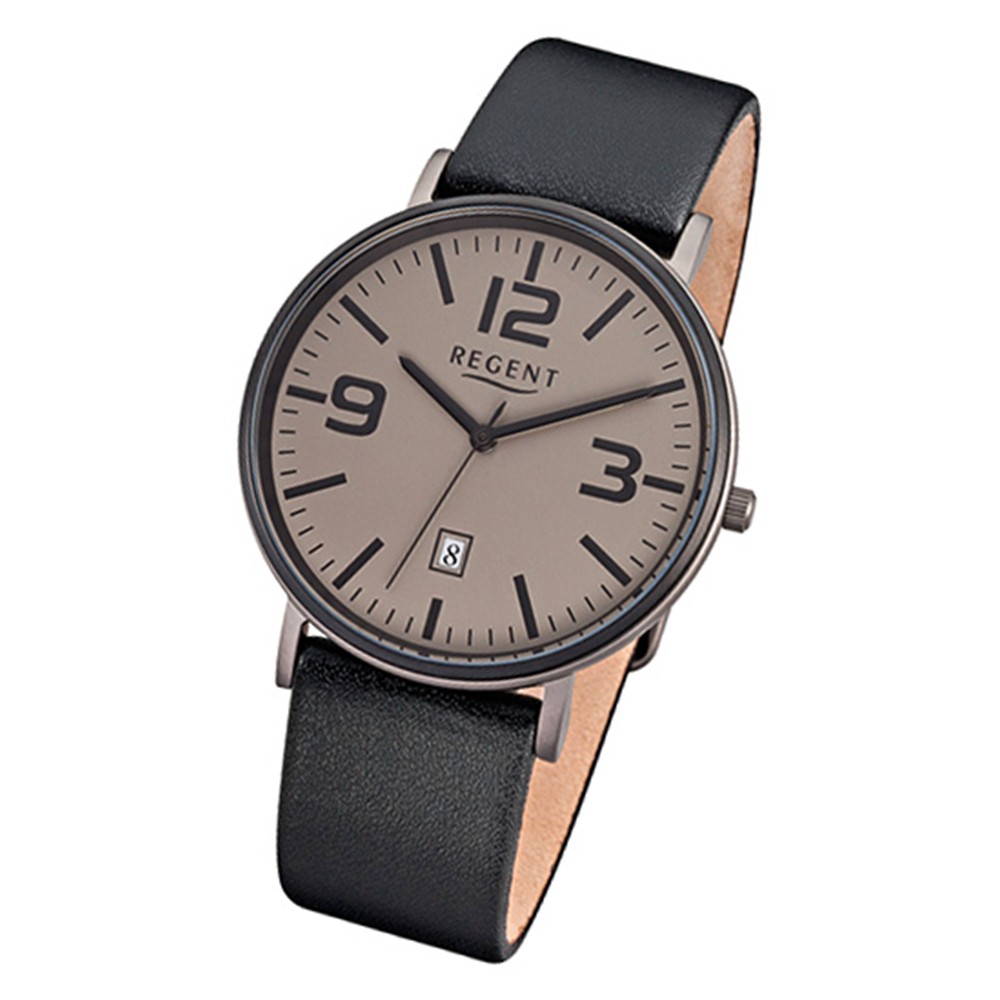 Regent Herren-Armbanduhr F-848 Titan-Uhr Leder-Armband schwarz URF848