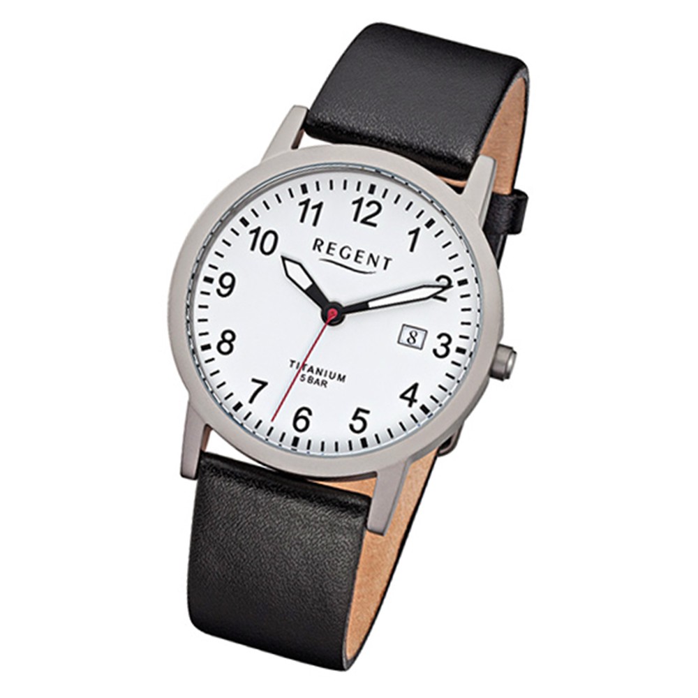 Regent Herren-Armbanduhr F-851 Titan-Uhr Leder-Armband schwarz URF851