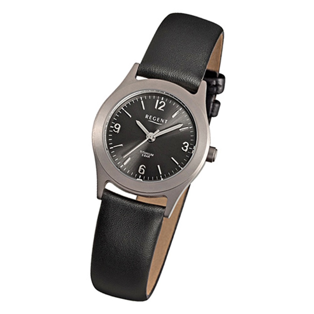 schwarz Titan-Uhr Quarzwerk Regent Titan URF872 Leder Damen-Armbanduhr