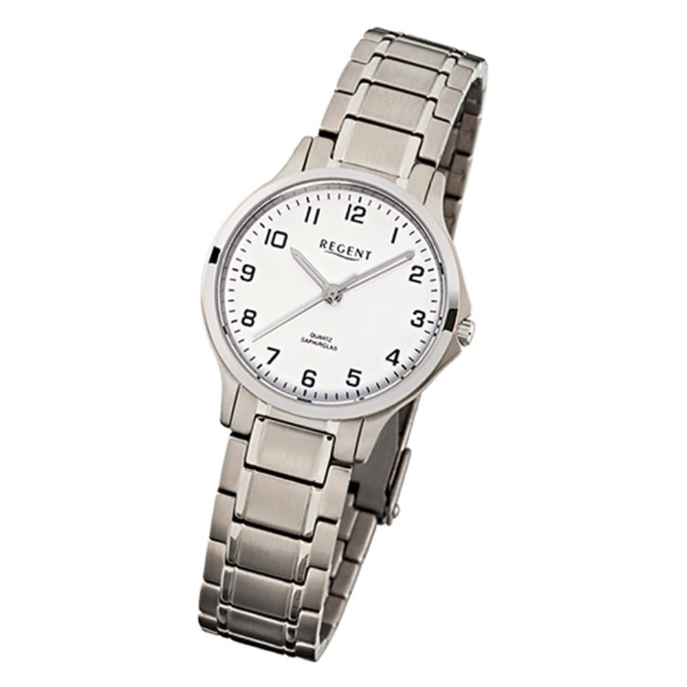 Regent Damen-Armbanduhr Titan Saphirglas Quarz silber weiß Uhr URF901