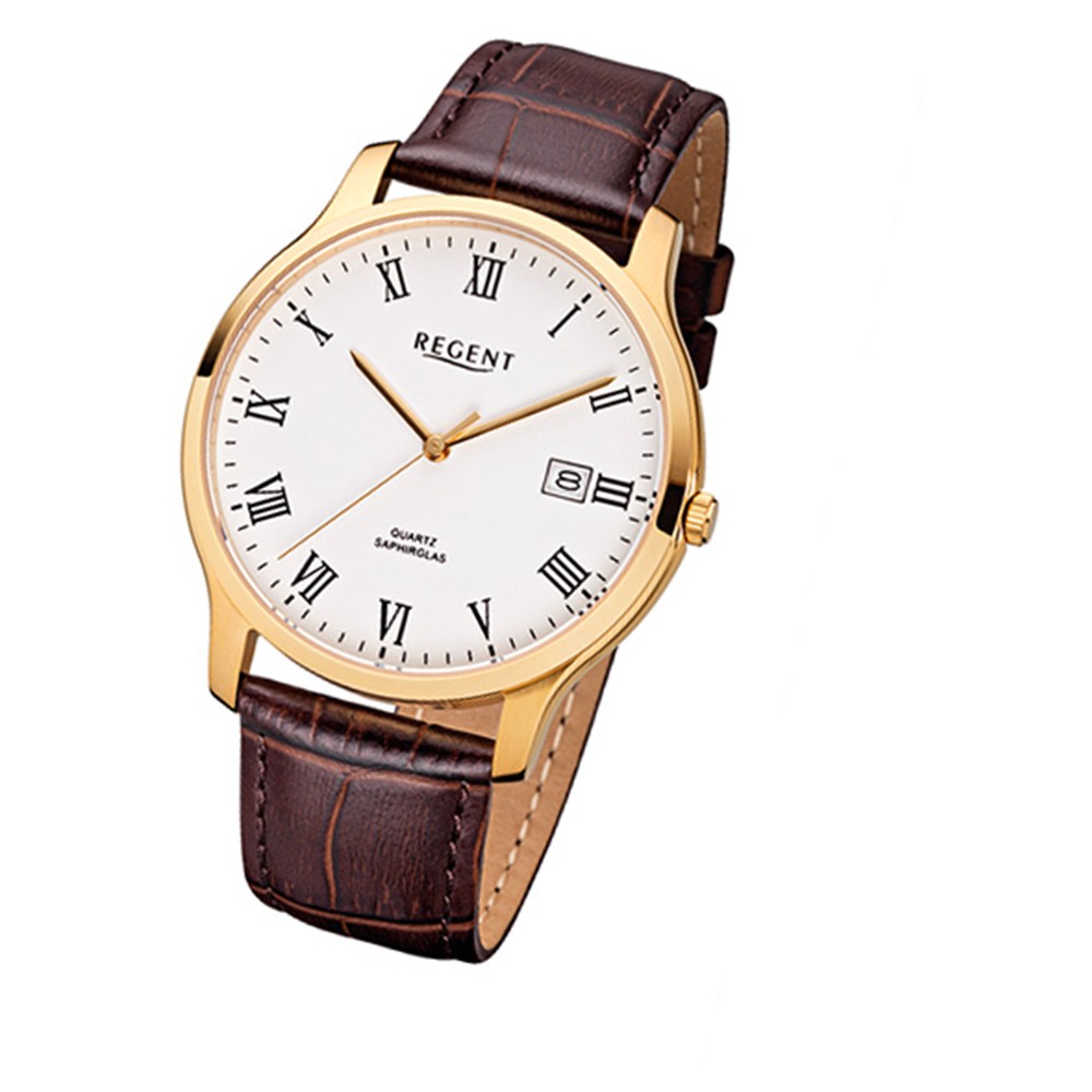 Regent Herren-Armbanduhr F-961 Quarz-Uhr Leder-Armband braun URF961