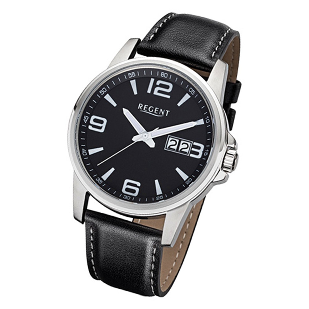 Regent Herren-Armbanduhr F-991 Quarz-Uhr Leder-Armband schwarz URF991