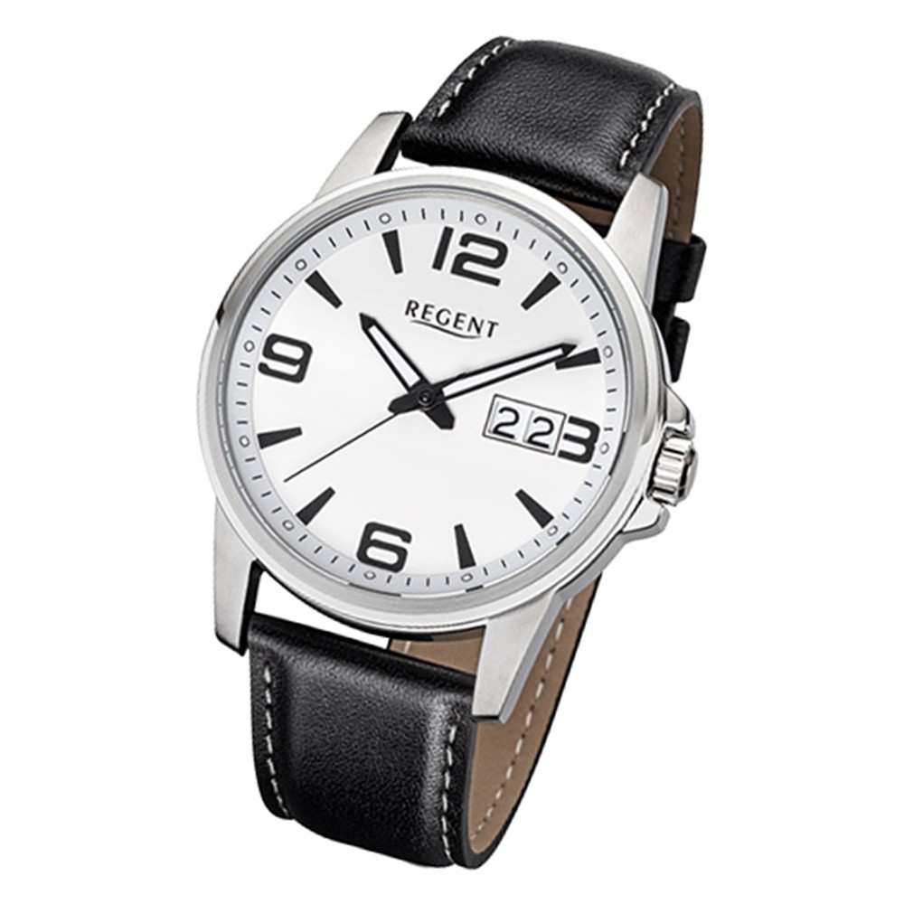 Regent Herren-Armbanduhr F-992 Quarz-Uhr Leder-Armband schwarz URF992