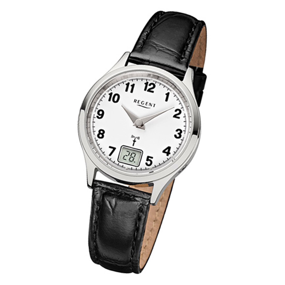 Regent Damen-Armbanduhr 32-FR-192 Funkuhr Leder-Armband schwarz URFR192