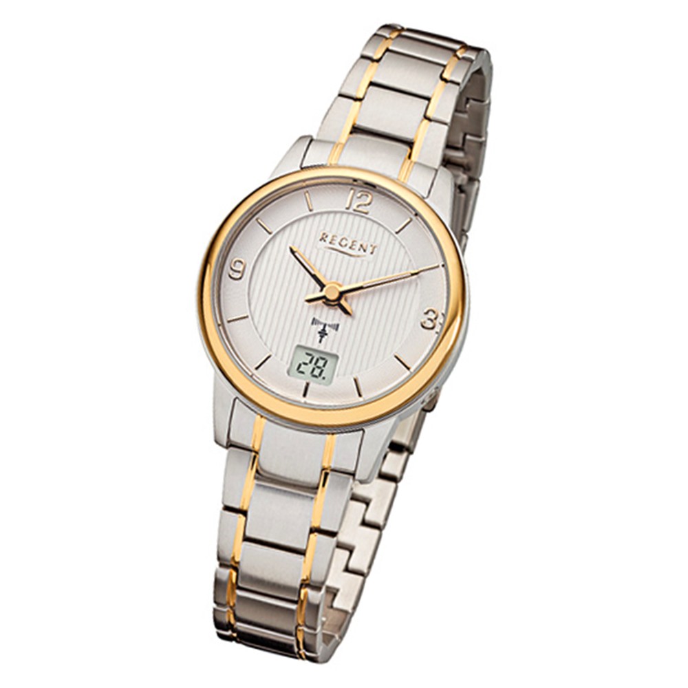 Regent Damen-Armbanduhr FR-202 Funkuhr Metall-Armband silber gold URFR202