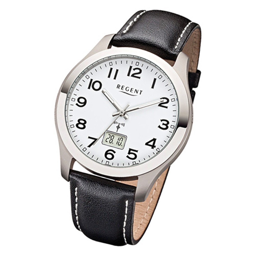 Regent Herren-Armbanduhr 32-FR-220 Funkuhr Leder-Armband schwarz URFR220