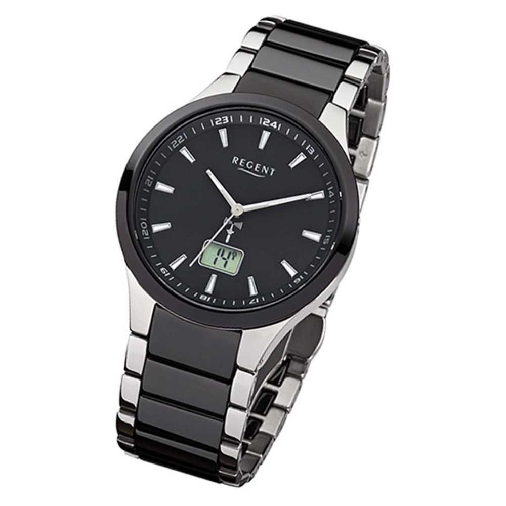 Regent Herren-Uhr FR-237 Funkuhr Stahl-Keramik-Armband URFR237 schwarz silber