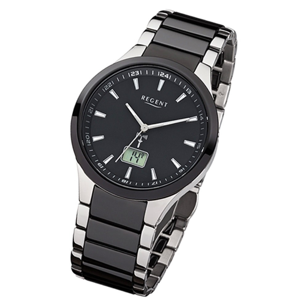 Regent Herren-Uhr FR-237 Funkuhr Stahl-Keramik-Armband schwarz silber  URFR237